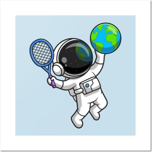 Cute Astronaut Playing Earth Globe Tennis Cartoon Posters and Art